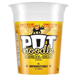 Pot Noodle Original Curry 90g, the pot with its clear lid and gold label shown.