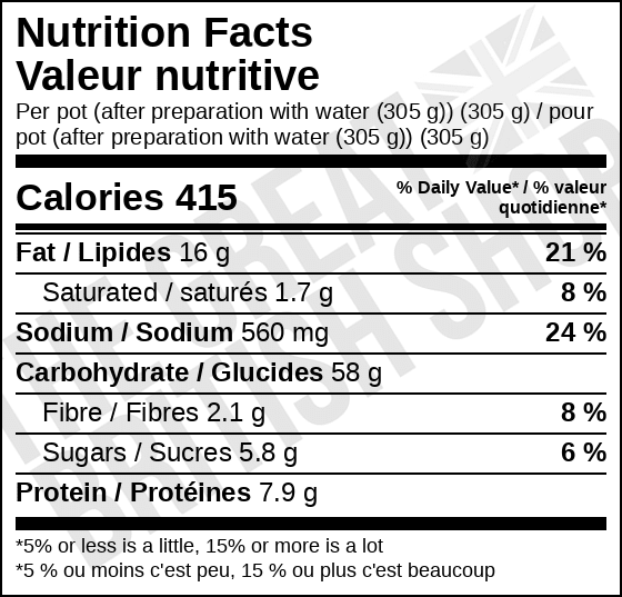 Pot Noodle Original Curry - 90g nutrition facts label / valeur nutritive