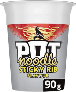 Pot Noodle Sticky Rib Flavour 90g, front of the pot showing a ninja graphic above the logo.