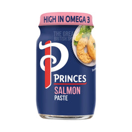 Princes Salmon Paste 75g: the jar, navy label with pink lid and a serving photo on plate.