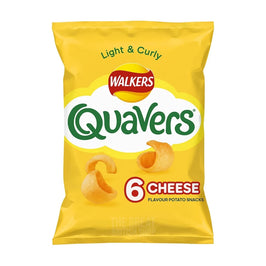 Walkers Quavers Cheese 6 Pack: front of the yellow bag with curly snack images shown.