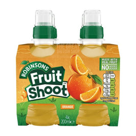 Robinsons Fruit Shoot Orange 4x200ml, front of the pack showing four bottles with sports caps