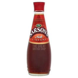 Sarsons Brown Malt Vinegar 250ml: glass bottle with red cap and red label, front view.