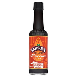 Sarson's Worcester Sauce 150ml: the bottle with black cap and orange label showing cooking utensils.
