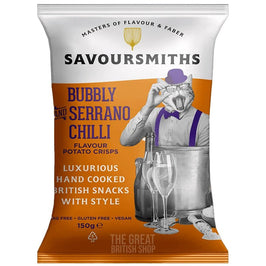Savoursmiths Bubbly and Serrano Chilli Flavour Potato Crisps 150g: front of the orange and white pack.