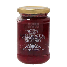 Shaws Beetroot & Horseradish Chutney 290g: glass jar with gold lid showing the label.