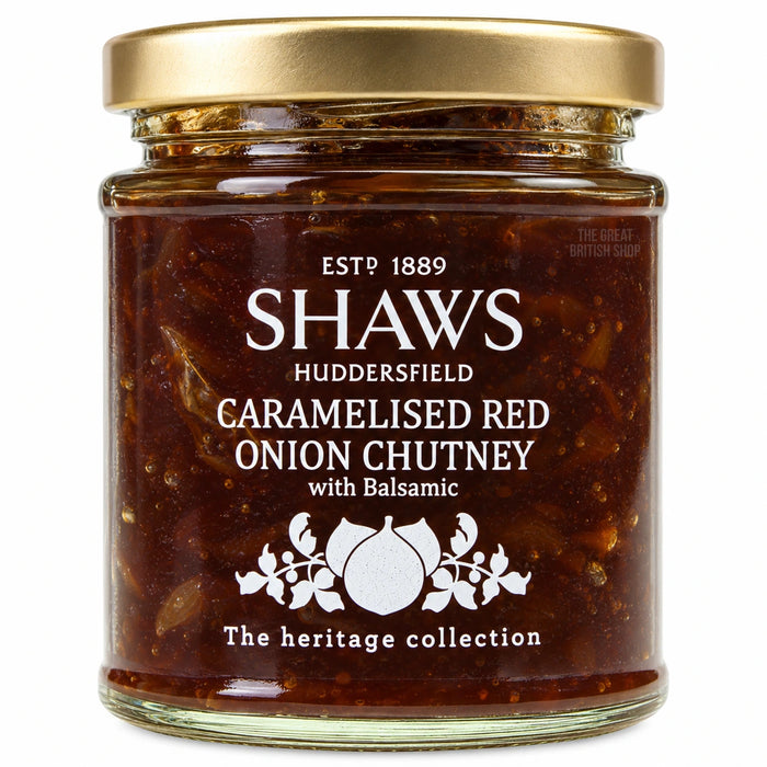 Shaws Caramelised Red Onion Chutney With Balsamic 195g, front view of the original product packaging.