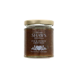 Shaws Fig & Honey Chutney 195g: jar with gold lid showing the front label