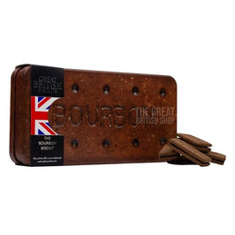 Silver Crane Giant Bourbon Biscuit Tin 400g, the biscuit shaped tin with bourbon biscuits stacked beside it
