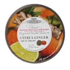 Simpkins Citrus Ginger Sugar Free 175g: round tin lid showing fruit, ginger root and flavour name.