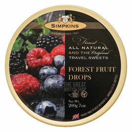 Simpkins Forest Fruit Drops 200g: top of the round tin showing mixed berries image.
