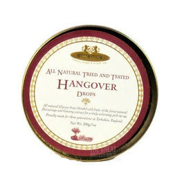 Simpkins Hangover Drops 200g: the round tin lid showing the product name and details.