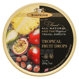 Simpkins Tropical Fruit Drops 200g: top of the round tin showing pineapple and fruit.