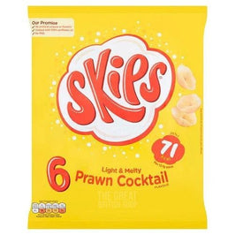 Skips Prawn Cocktail 6 Pack: front of the yellow multipack bag showing the crisps.
