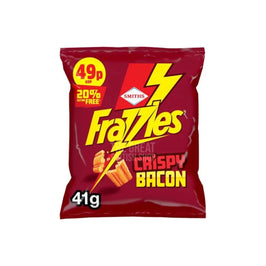 Smiths Frazzles Crispy Bacon 41g: front of the dark red pack with product image.