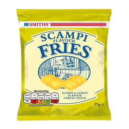 Smiths Scampi Fries 27g: front of the yellow pack with fries graphic and nutrition panel.