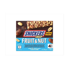Snickers Crisp Fruit & Nut 4 Pack 128g: front of the box showing bar, peanuts and dates.