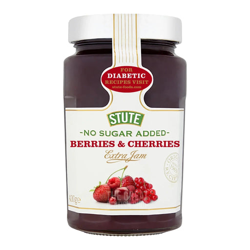 Stute No Sugar Added Berries & Cherries Jam- 430g imported British grocery product available in Canada
