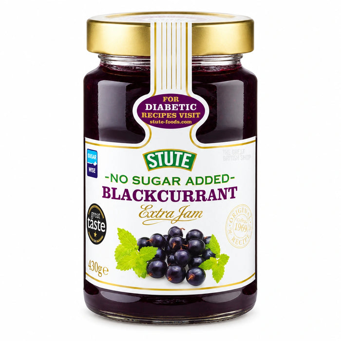 Stute No Sugar Added Blackcurrant Jam - 430g, front view of the product packaging