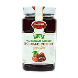 Stute No Sugar Added Morello Cherry Extra Jam 430g: jar showing the label with cherries pictured.