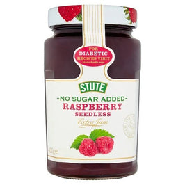 Stute No Sugar Added Raspberry Seedless Jam 430g, jar showing front label and lid.