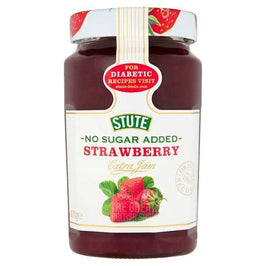Stute No Sugar Added Strawberry Extra Jam 430g, the jar with strawberry print lid and label showing fruit.