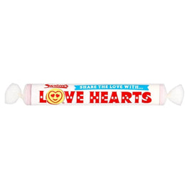 Swizzels Matlow Giant Love Hearts 39g, the wrapped candy roll with twisted ends on a plain background.