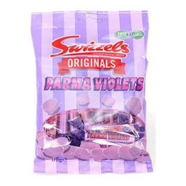 Swizzels Originals Parma Violets 170g: front of the purple striped bag showing sweets through window.