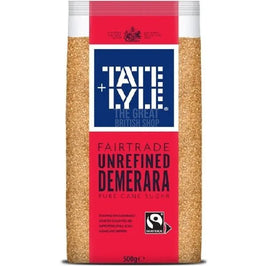 Tate & Lyle Unrefined Demerara Pure Cane Sugar 500g, front of the bag showing the blue and red label.