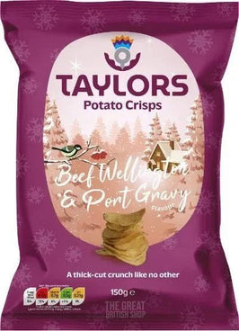Taylors Beef Wellington & Port Gravy Crisps 150g: front of the purple pack with crisps image.