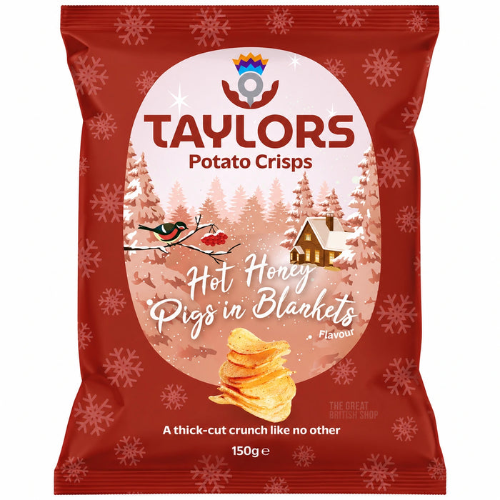 Taylors Hot Honey Pigs In Blankets Crisps 150g, front view of the original product packaging.