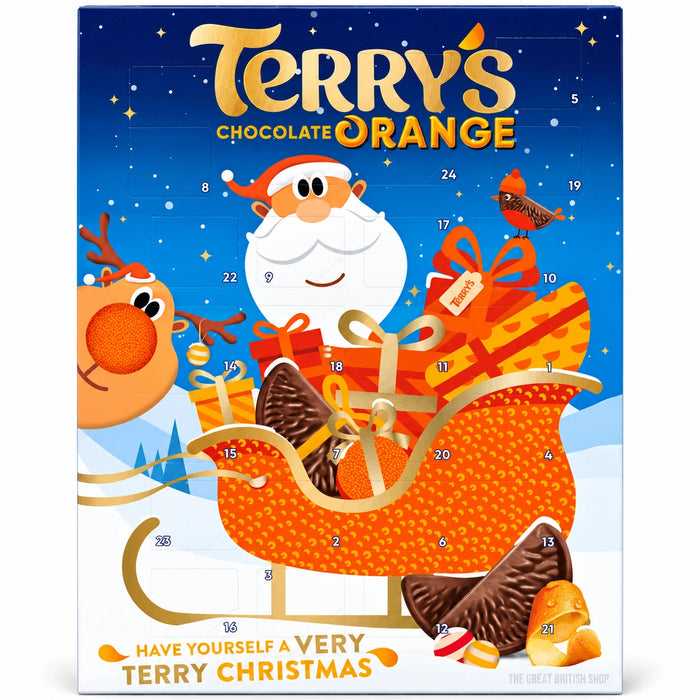 Terry's Chocolate Orange Advent Calendar - 106g, straight-on front of the UK Christmas calendar with its 24 numbered doors
