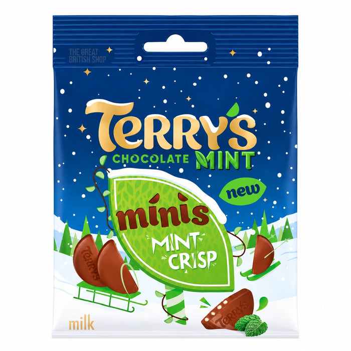 Terry's Milk Chocolate Mint Crisp Minis - 80g, front view of the current UK packaging