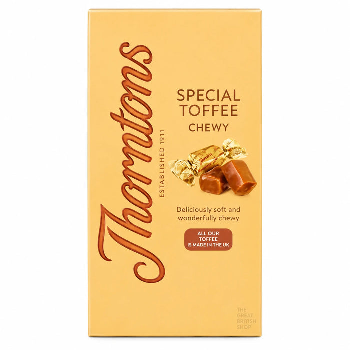 Thorntons Chewy Toffee Carton 150g: the front of the pack showing wrapped toffee pieces.