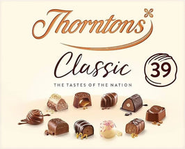 Thorntons Classic Chocolate Box 449g, front of the box showing an assortment of chocolates.