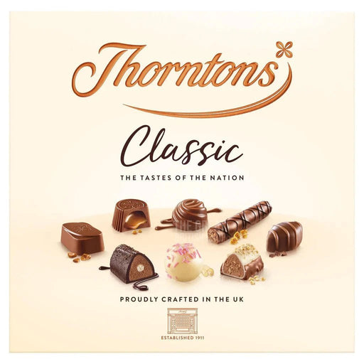Thorntons Classic Milk, Dark & White Chocolate Box - 262g imported British grocery product available in Canada