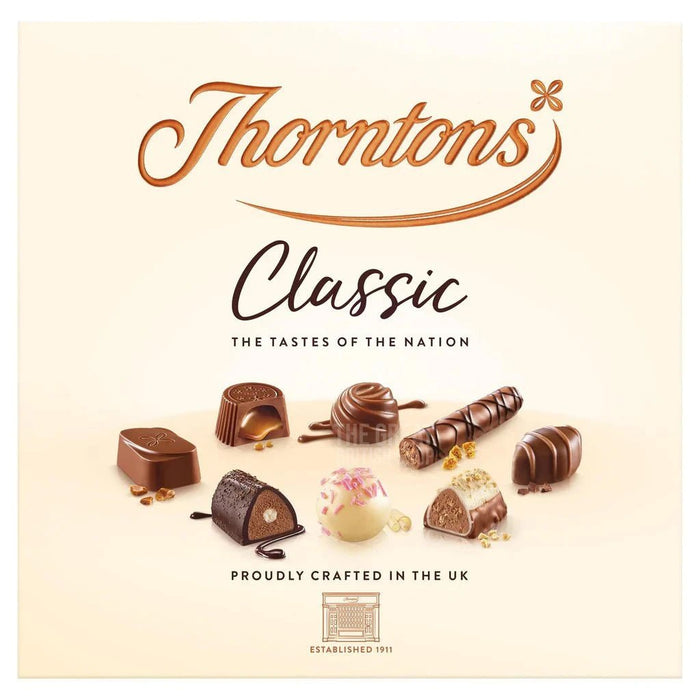 Thorntons Classic Milk, Dark & White Chocolate Box - 262g imported British grocery product available in Canada