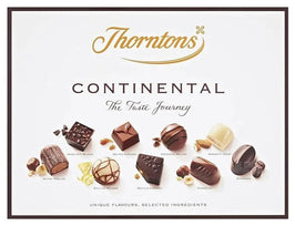 Thorntons Continental 131g: front of box showing assorted labelled chocolates.