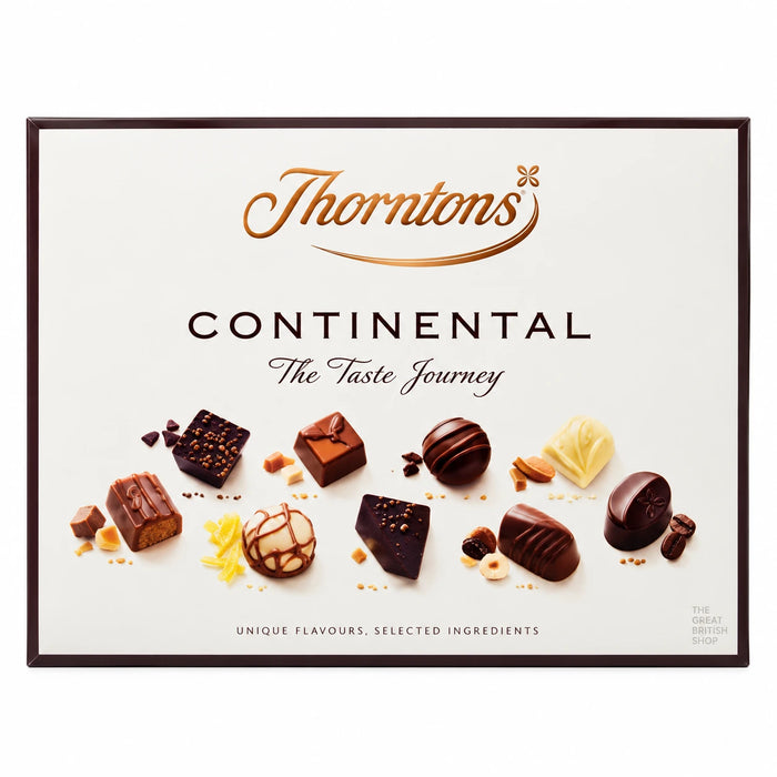 Thorntons Continental 264g: front of the box showing assorted chocolates illustrated on the lid.