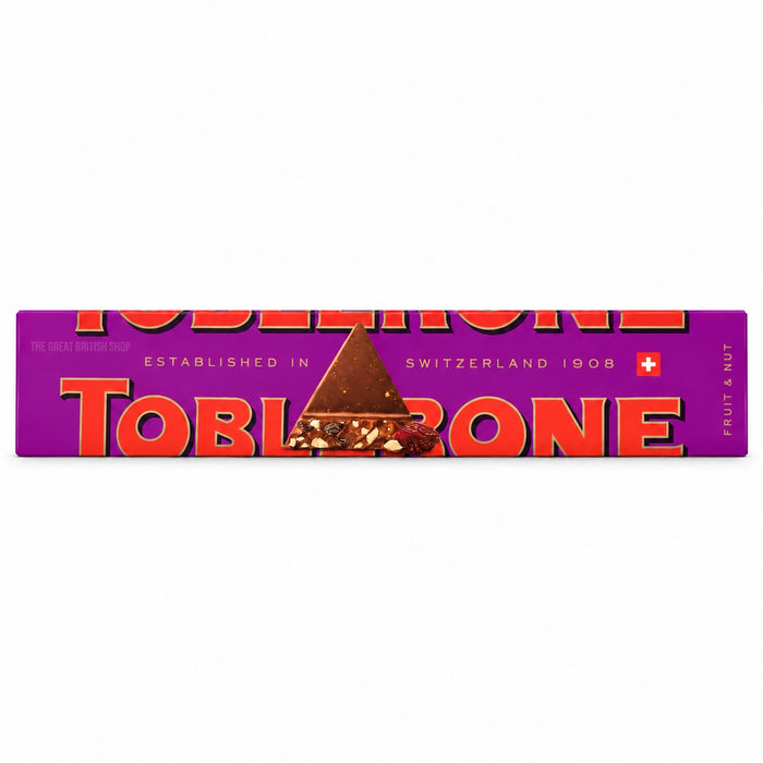 Toblerone Fruit & Nut Bar - 360g, current UK purple carton shown straight-on