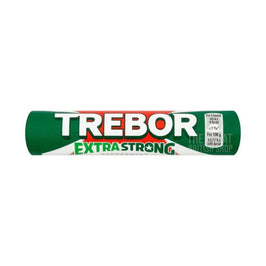 Trebor Extra Strong Peppermint Mints Roll 41.3g, front of the pack showing the nutrition panel.