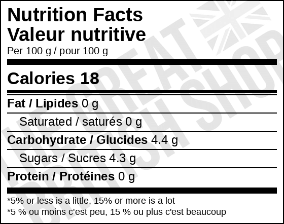 Vimto Original Sparkling Can - 330ml nutrition facts label / valeur nutritive