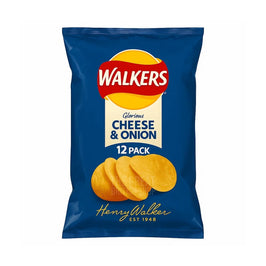 Walkers Cheese & Onion 12 Pack: front of the blue multipack showing crisps and logo.