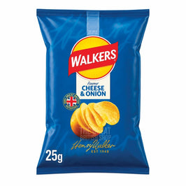 Walkers Cheese & Onion 25g: front of the blue crisp packet showing the logo and crisps image.