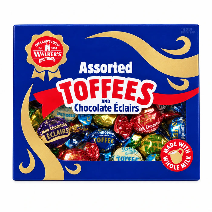 Walker’s Nonsuch Assorted Toffees and Chocolate Éclairs 350g gift box, with a blue and gold front and colourful wrapped sweets visible through a window.