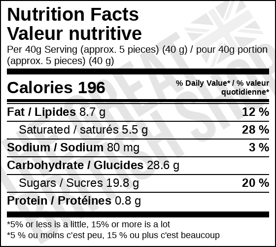 Walker's Nonsuch English Creamy Toffee - 150g nutrition facts label / valeur nutritive