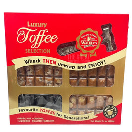 Walker's Nonsuch Luxury Toffee Selection With Hammer 400g: front of box with toffee visible in windows and hammer.