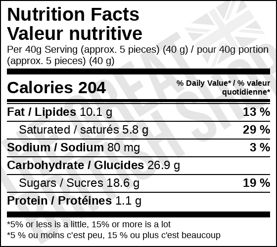 Walker's Nonsuch Nutty Brazil Toffees - 150g nutrition facts label / valeur nutritive