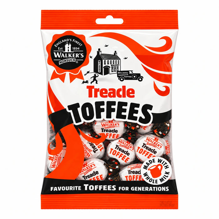 Walker’s Nonsuch Treacle Toffees 150g, shown straight on in an orange and white bag with the factory and van illustration and a clear window of wrapped toffees.