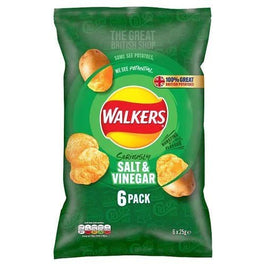 Walkers Salt and Vinegar Crisps 6pk: front of the green pack showing crisps and potatoes.